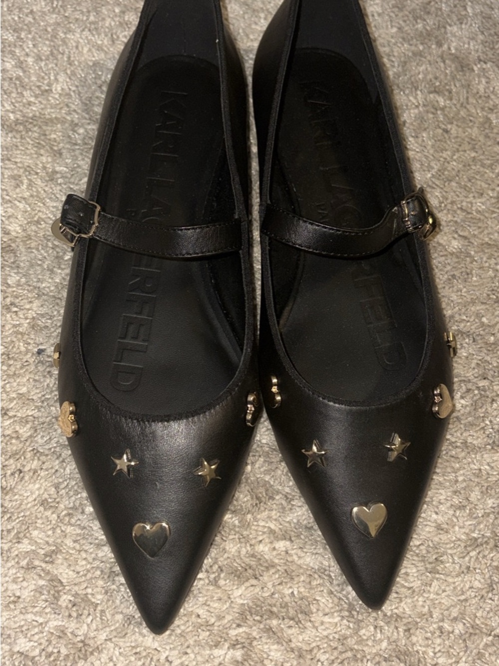 Karl Lagerfeld Black Pointed Mary Jane Flats with Gold Stud Accents